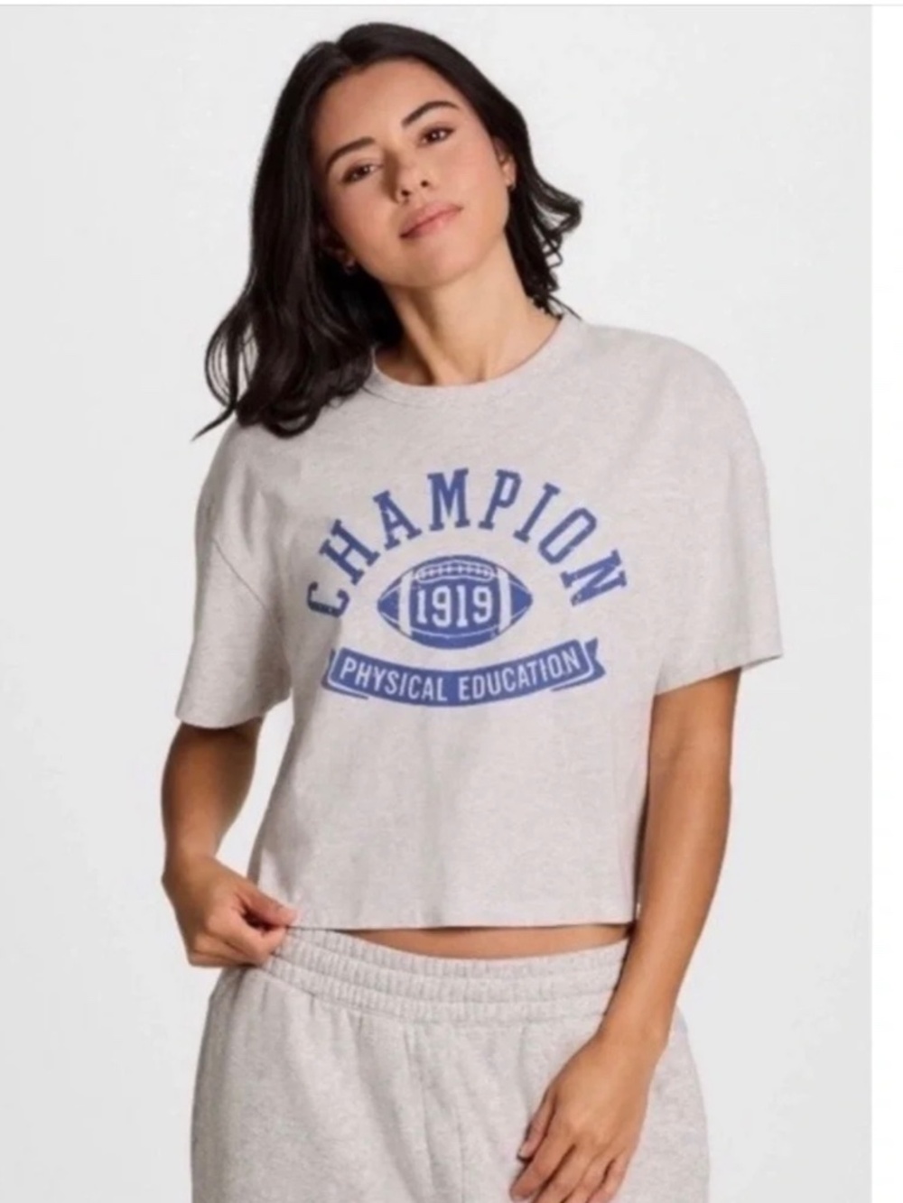 Champion Light Gray Cropped Tee with Blue Graphic. Sz 3X.